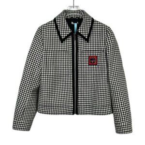 Miu Miu Womens Black & White Gingham Wool Jacket With Red Logo Patch Zip Front M